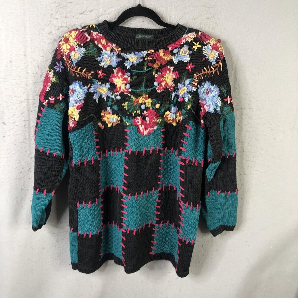 Vintage Cullinane Sweater Womens M Multicolor Floral Patchwork Chunky Knit Artsy